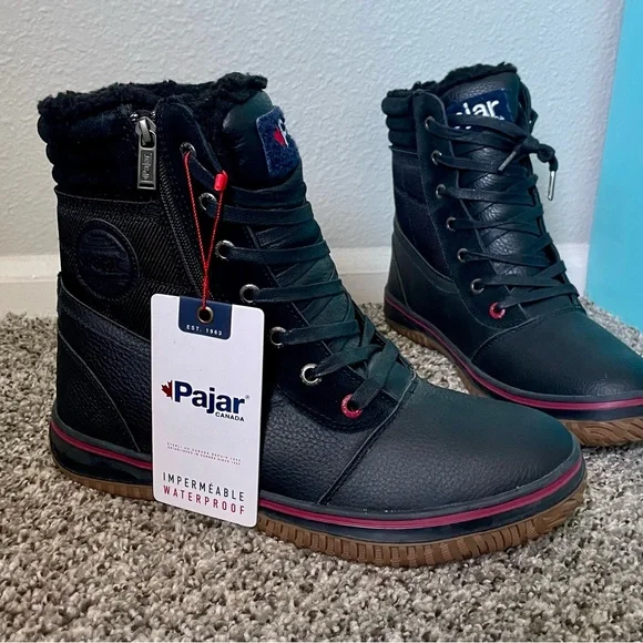 NWT Pajar Canada Black Waterproof Winter Lace-Up Boots Red Accents Men’s New - Picture 3 of 11